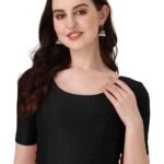 Round Neck Dobby Cotton Lycra Stretchable Elbow Sleeve Readymade Saree Blouse for Women