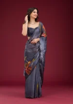 Navy Blue Printed Tissue Saree - Image 3