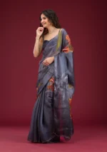 Navy Blue Printed Tissue Saree - Image 4