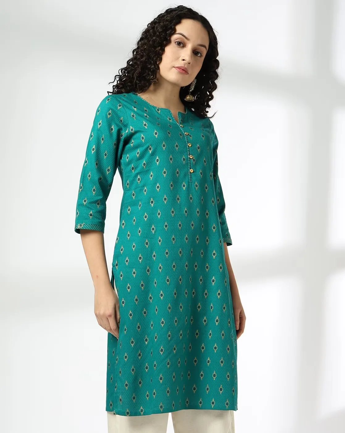 1117Wx1400H-443060240-teal-MODEL.webp Women Block Print Straight Kurta - Image 1