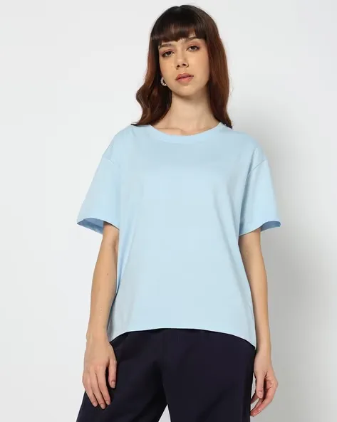 473Wx593H-443074592-skyblue-MODEL2.webp Women Regular Fit Crew-Neck Cotton T-Shirt - Image 1